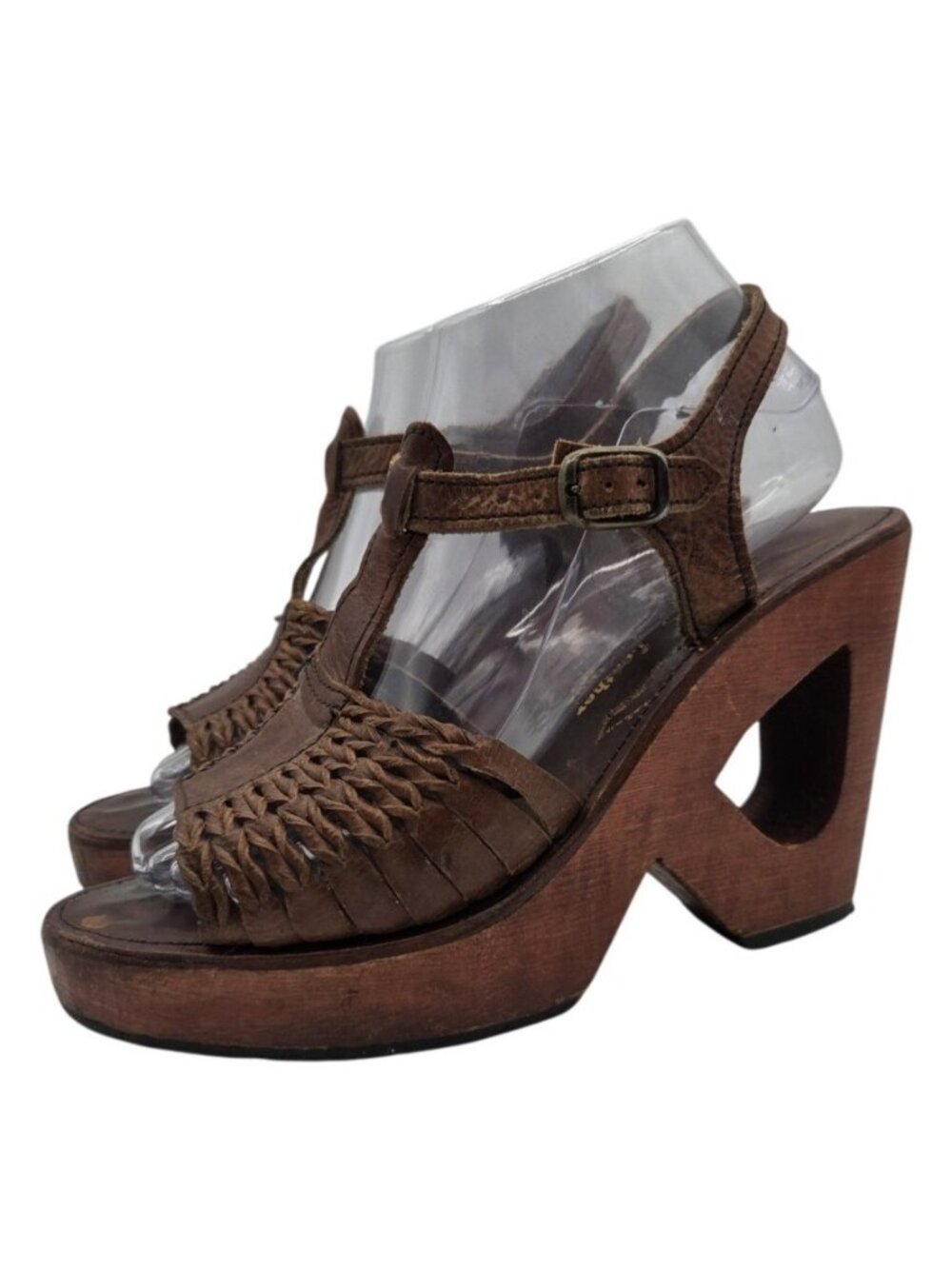 VTG Y2K Wooden Platform Cutout Wedges Heels Leather Boho 70s 90s Hippie Sz 7.5